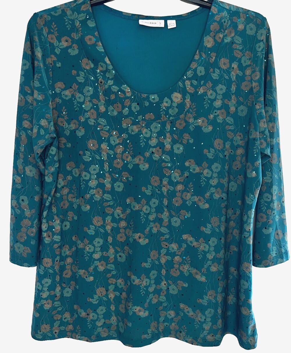 Susan Graver Multi Floral Print Sequin Embellishments 3/4 Sleeves knit Size XL